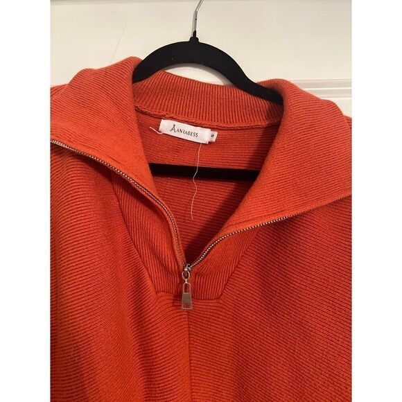 Anrabess Womens oversized knit Quarter-zip sweater drop sleeve Rust orange S - Picture 2 of 2